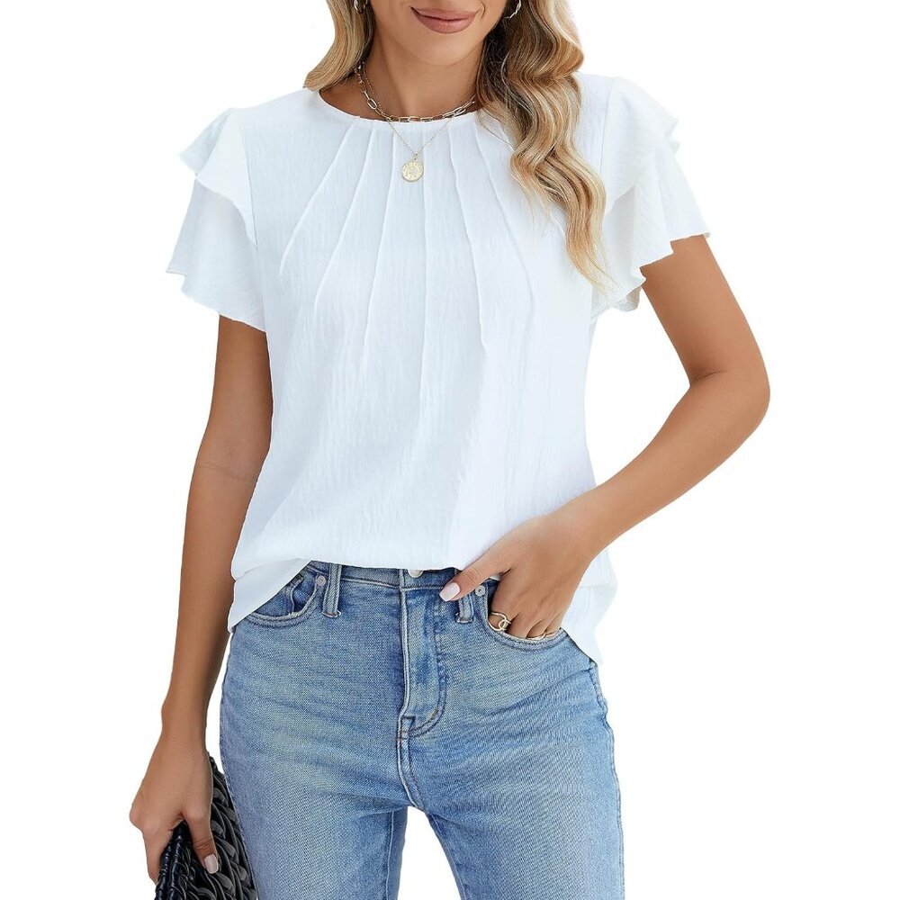 Women Dressy Casual Tops Short Sleeve Crew Neck Blouses for Summer Work Outfits